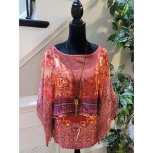 One World Live & Let Live 2 piece Blouse Women's 2X Orange Red Bohemian Pullover
